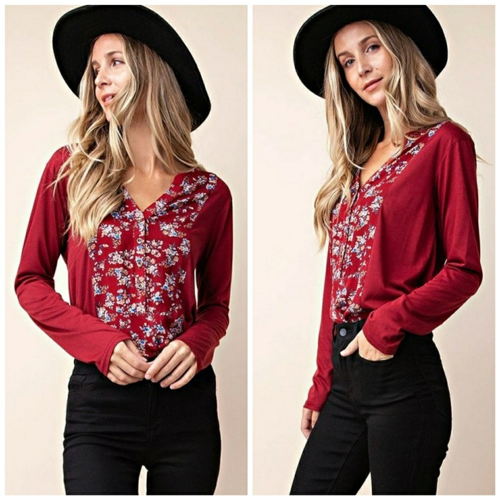 Wine Floral Print Henley